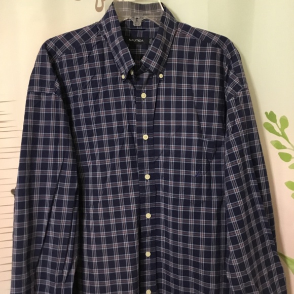 Nautica Long Sleeve Button Up Navy Blue Plaid Dress Shirt Men Size XXL EUC - Picture 3 of 8